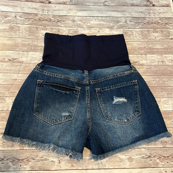 Pinkblush Dark Wash Distressed Fringe Hem Maternity Full Panel Jean Shorts - Picture 8 of 11